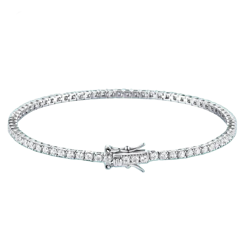 Silver bracelet with moissanite stones on a teal background, featuring a 925 sterling silver stamp.