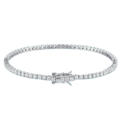 Silver bracelet with moissanite stones on a teal background, featuring a 925 sterling silver stamp.