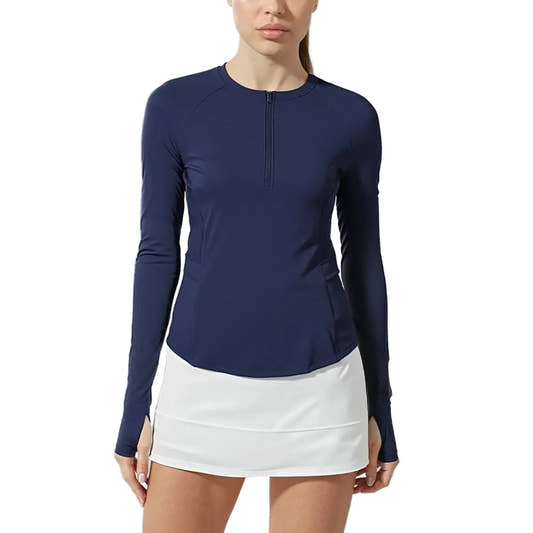 Slim fit half-zip long sleeve workout top for women - front view
