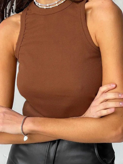 Brown sleeveless fitted top with textured ribbed design

