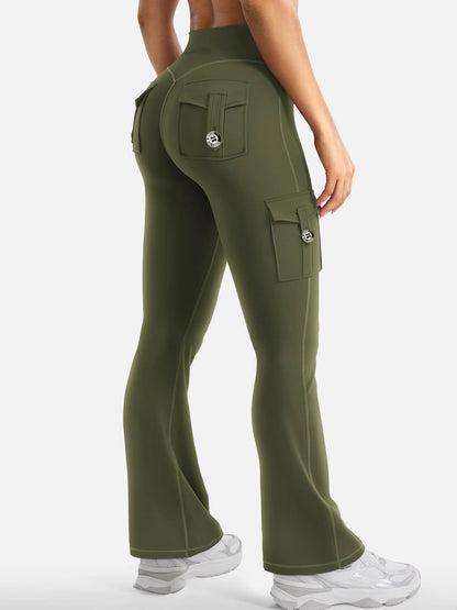 Close-up of stretchy knit fabric on high waist cargo flare leggings
