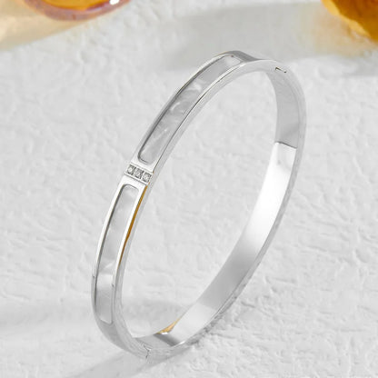  bangle with iridescent shell inlay and bezel-set zirconia stones – hinged stainless steel jewelry
