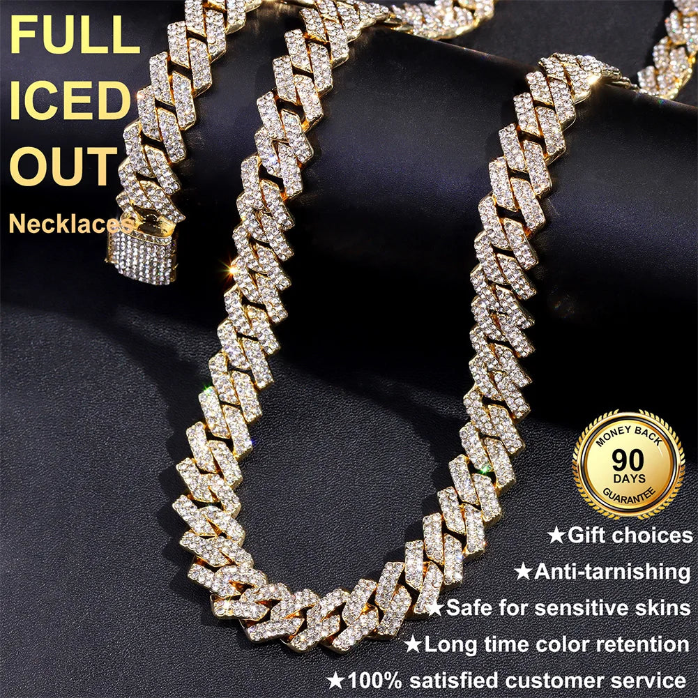 Luxury diamond cuban necklace on a dark background with promotional text and guarantees.
