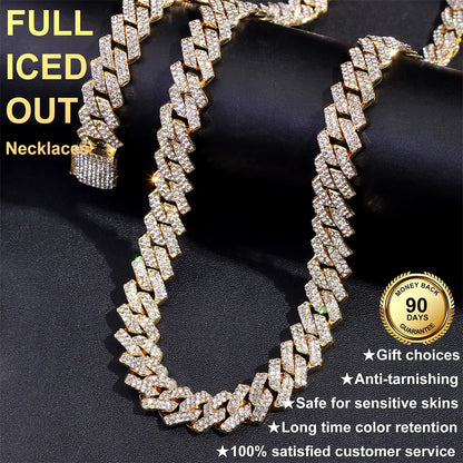 Luxury diamond cuban necklace on a dark background with promotional text and guarantees.