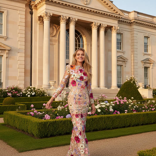 Women's floor-length 3D floral embroidery mesh fishtail dress — front view on model
