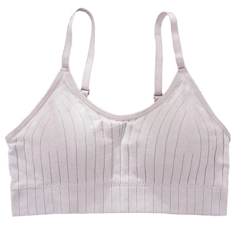 Close-up of removable molded padding on ribbed cami bralette
