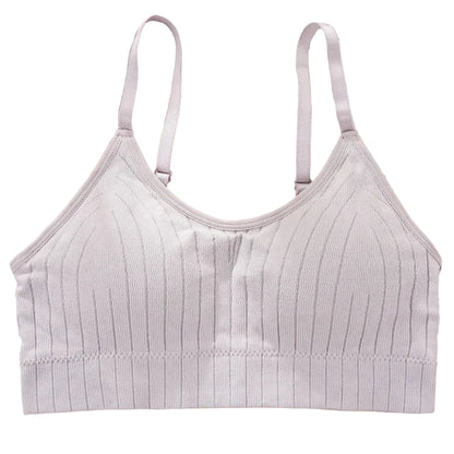 Close-up of removable molded padding on ribbed cami bralette
