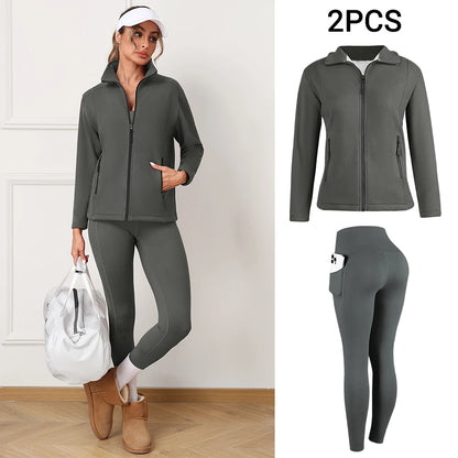 Women's activewear set with zip hoodie and leggings - front view
