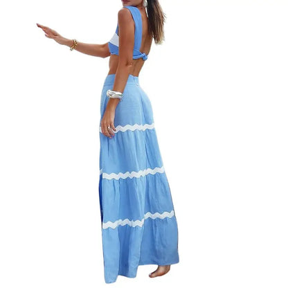 Woman wearing a blue and white striped dress 