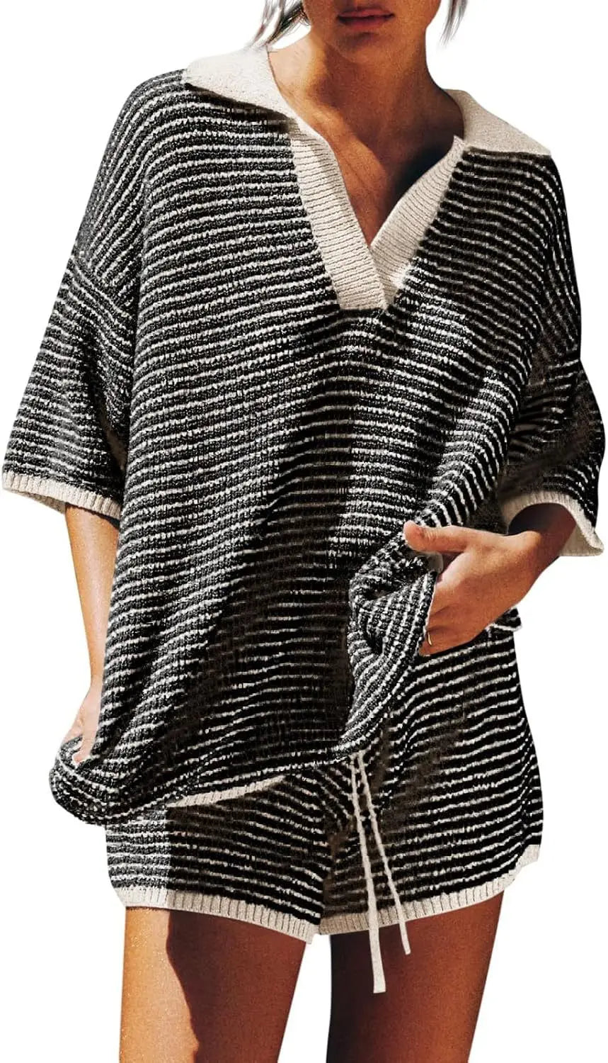 Women modeling comfortable striped casual short wear set
