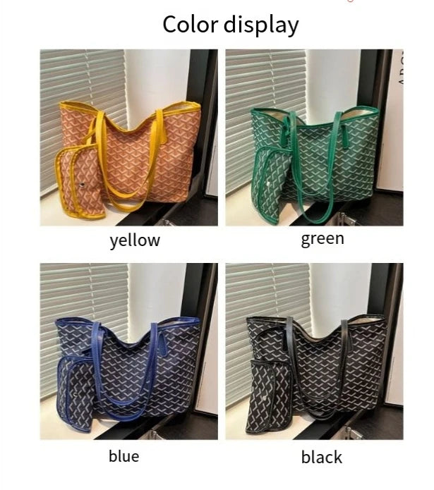 Four tote bags in different colors (yellow, green, blue, black) 