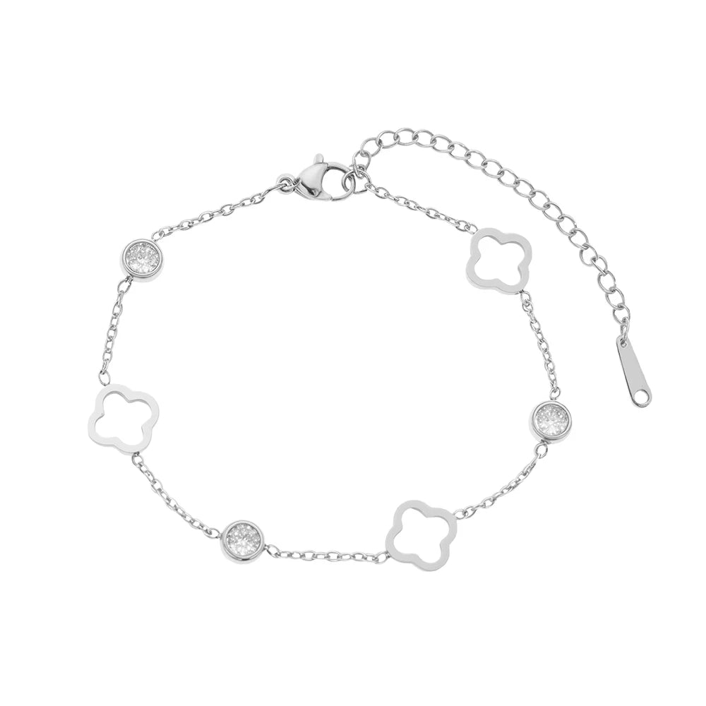Silver hollow clover bracelet with round zirconia charms in gift box – minimalist stainless steel jewelry
