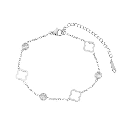 Silver hollow clover bracelet with round zirconia charms in gift box – minimalist stainless steel jewelry

