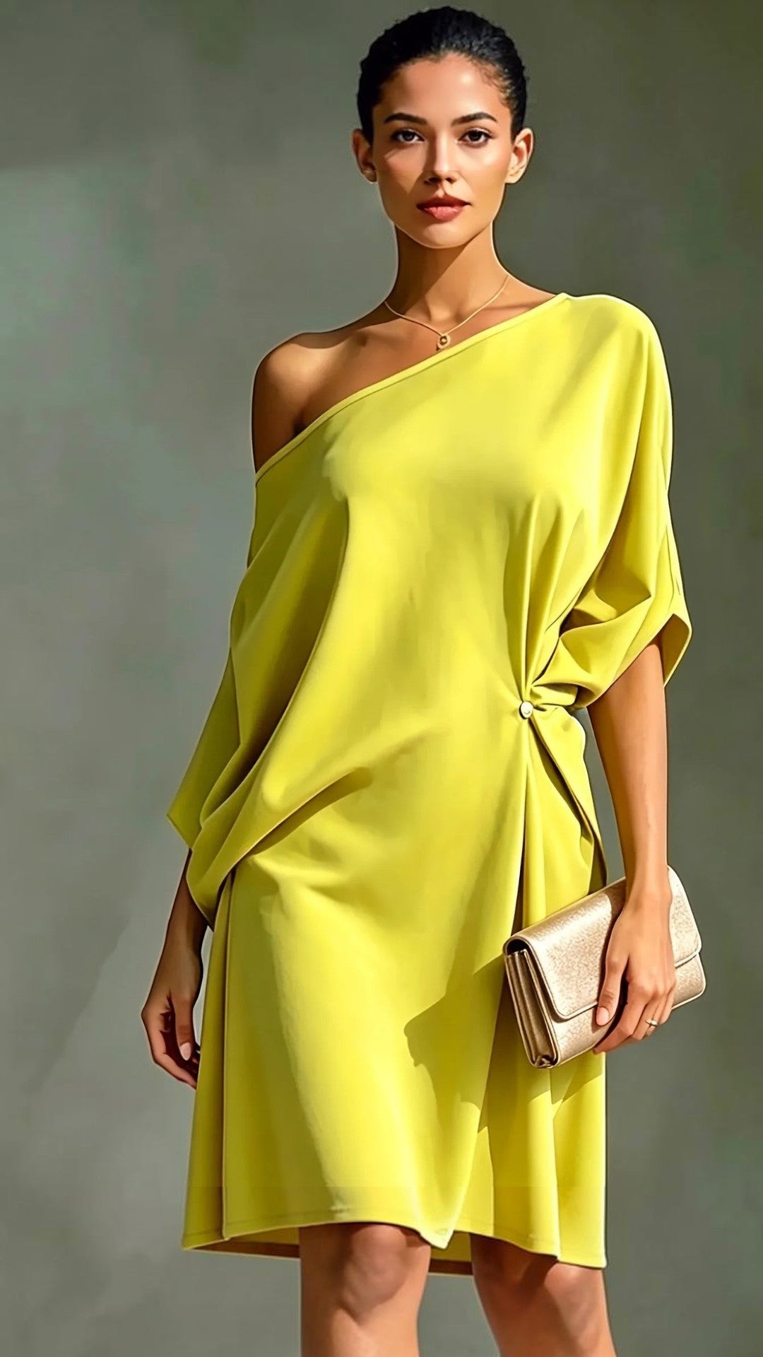 Yellow off-shoulder batwing sleeve maxi silk dress — front view"