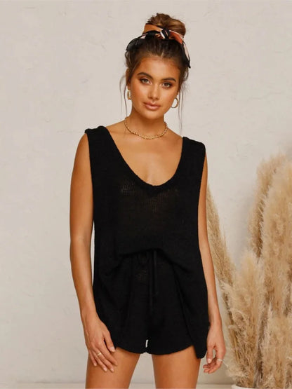 Knit V-neck tank top styled alone with denim
