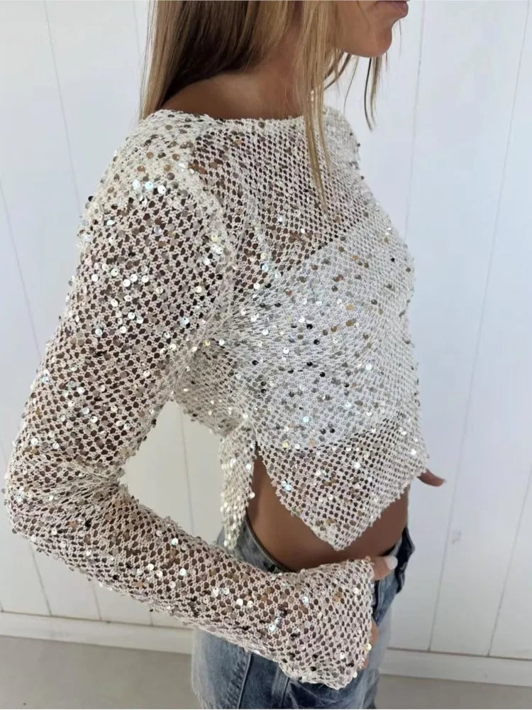 Sequin long sleeve party top in milky white for women - Uplift Luxe
