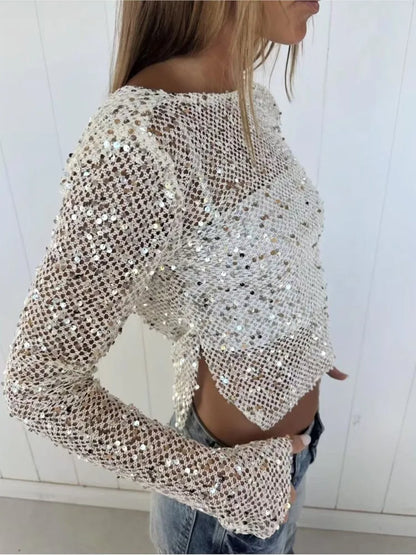 Sequin long sleeve party top in milky white for women - Uplift Luxe
