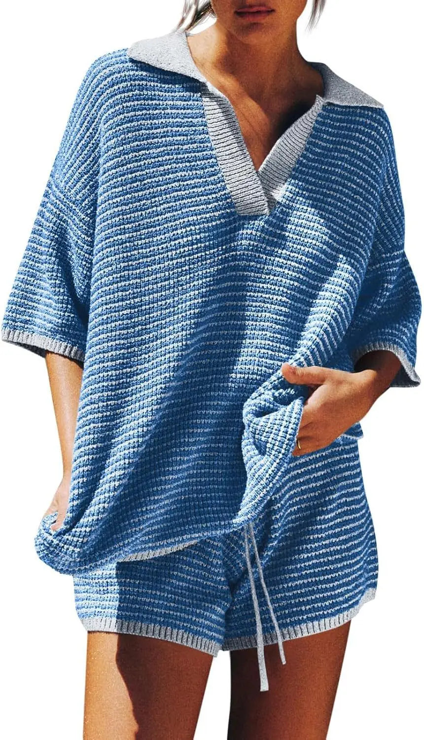 Coordinated knit two piece set with drawstring waist shorts