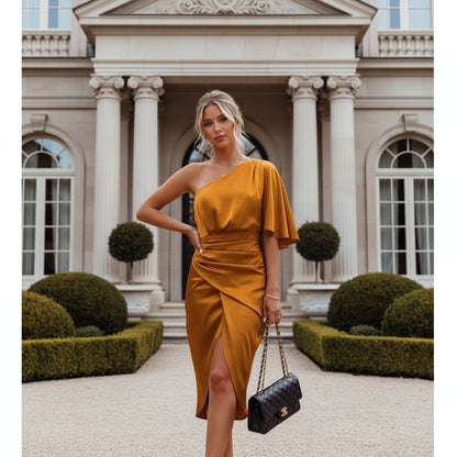 Ruched one-shoulder midi dress with split hemline
