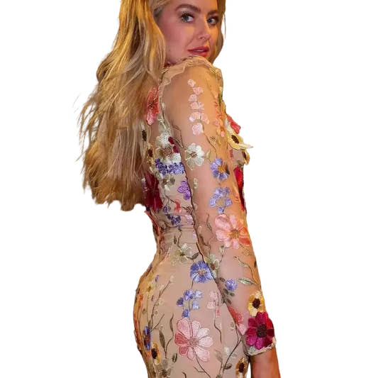 Sheer mesh long-sleeve gown with raised 3D floral embroidery — side view
