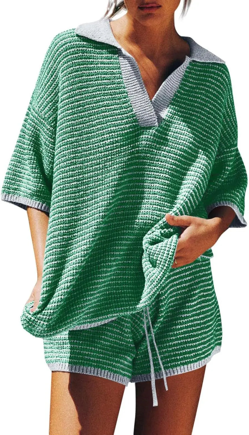 Womens 2 Piece Outfits Striped Knit Travel Matching Sets Henley V Neck Sweater Tops Shorts Fall Lounge Clothes