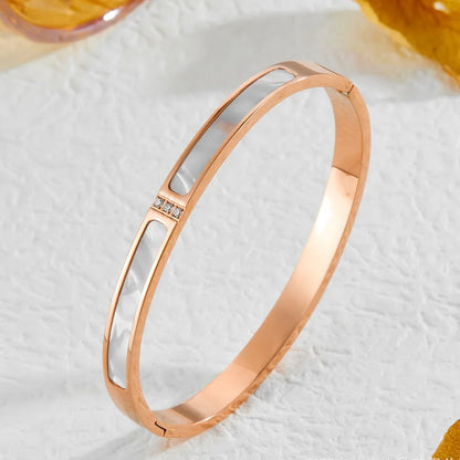  bangle with mother of pearl panels and crystal accent – polished stainless steel bracelet for women