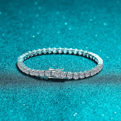 5mm moissanite tennis bracelet in 925 sterling silver – round-cut D VVS1 stones on teal background
