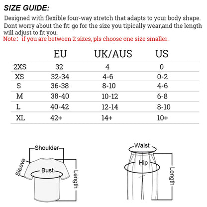 Size guide chart for clothing with measurements in EU, UK/AUS, and US.