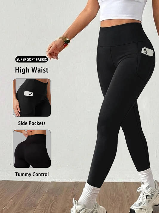 Black high waist yoga leggings with side pockets for women – tummy control workout pants
