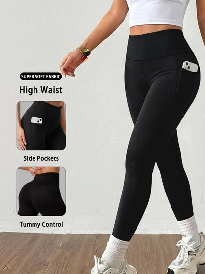 Black high waist yoga leggings with side pockets for women – tummy control workout pants
