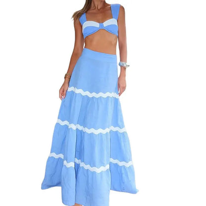 Blue tiered skirt and crop top matching set with white scallop wave detail – summer vacation outfit women