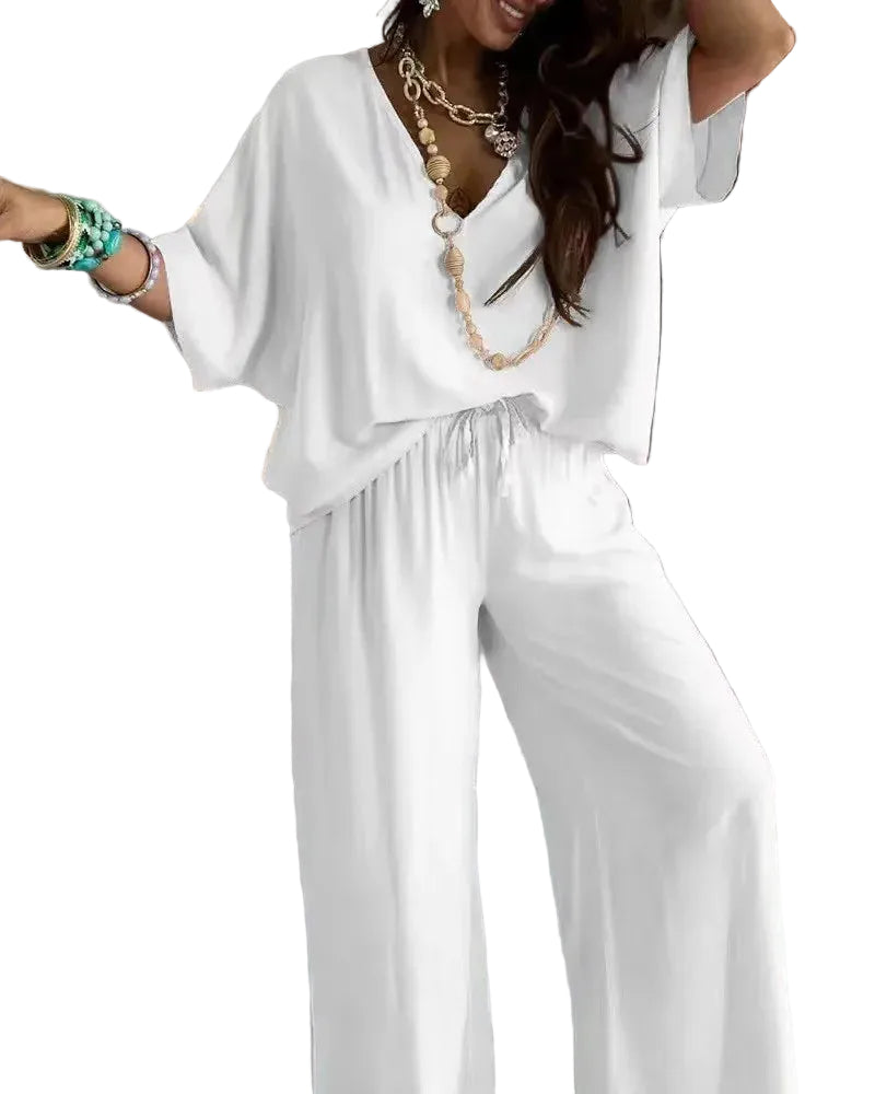 Coordinated shirt and pants set styled for casual day out
