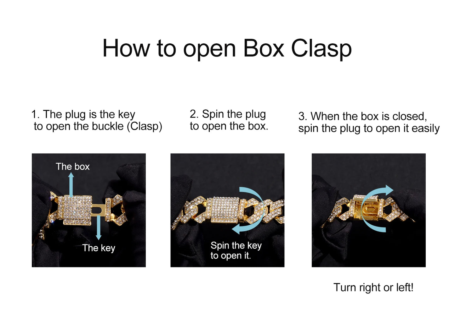 Instructions on how to open a box clasp with diagrams and text.