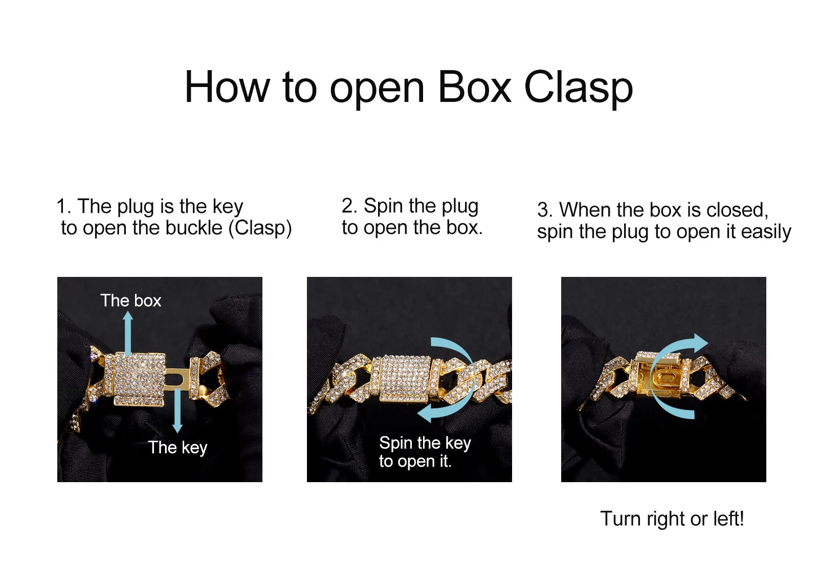 Instructions on how to open a box clasp with diagrams and text.