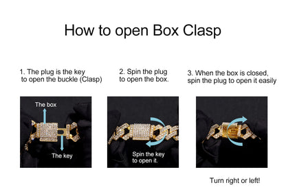 Instructions on how to open a box clasp with diagrams and text.