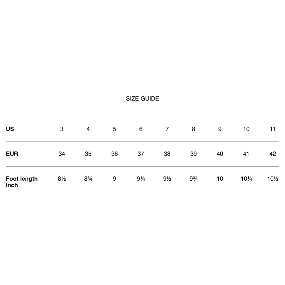 Size guide chart for shoes with US and EUR measurements and foot length in inches.