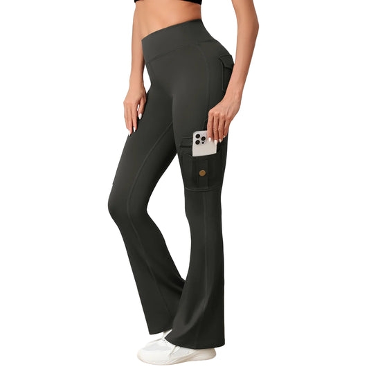 Women wearing high waist wide leg cargo leggings during yoga