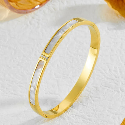 Gold rose gold and silver mother of pearl shell inlay bangles stacked – zirconia accent hinged bracelets for women