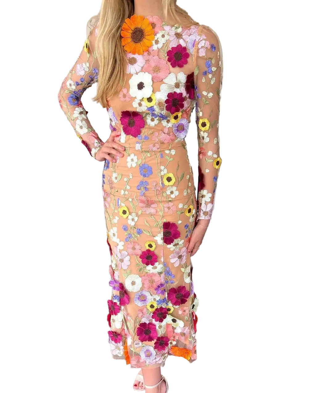 Floor-length lace mesh formal dress with 3D flower detail — full length shot