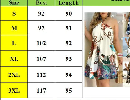 Dress size chart with measurements and sample images of dresses in various sizes.