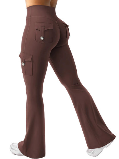 Women's cargo flare leggings styled with sneakers 
