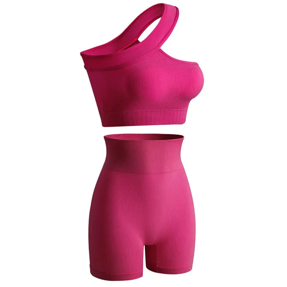 Close-up of ribbed seamless fabric texture on activewear set
