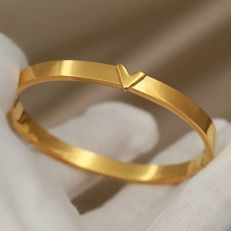 Minimalist gold V bangle bracelet – stackable stainless steel wrist jewelry gift for her
