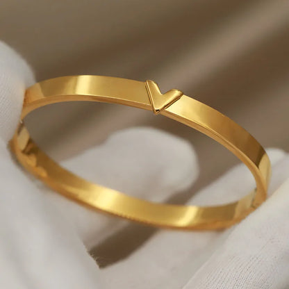 Minimalist gold V bangle bracelet – stackable stainless steel wrist jewelry gift for her
