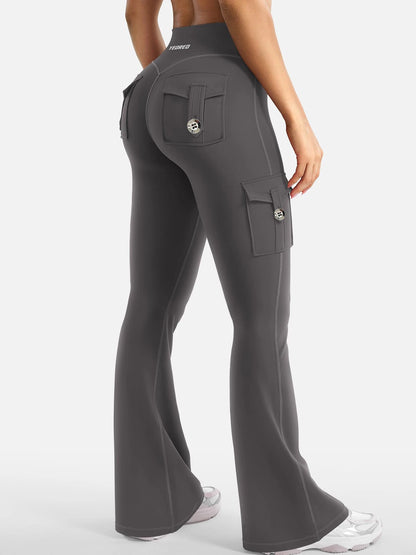 High waist tummy control band on flare cargo leggings 
