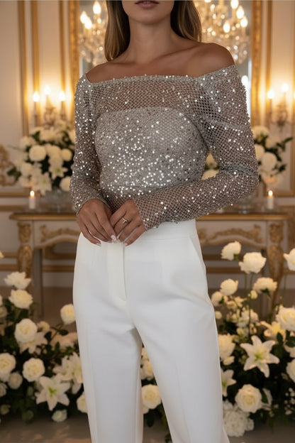Khaki sequin long sleeve blouse for party and club nights
