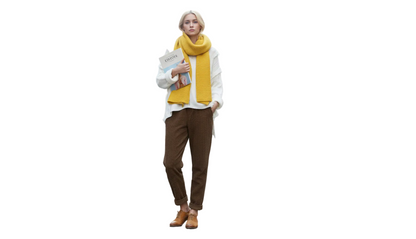Person  wearing a yellow scarf and brown pants.