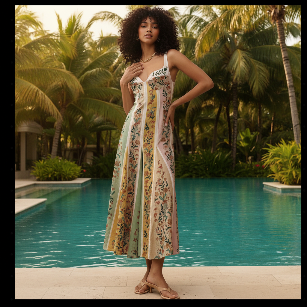Women’s boho-style midi dress with thin straps and an artistic floral pattern


