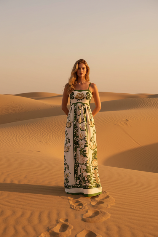 Woman wearing a tropical loral dress with green leaves design 