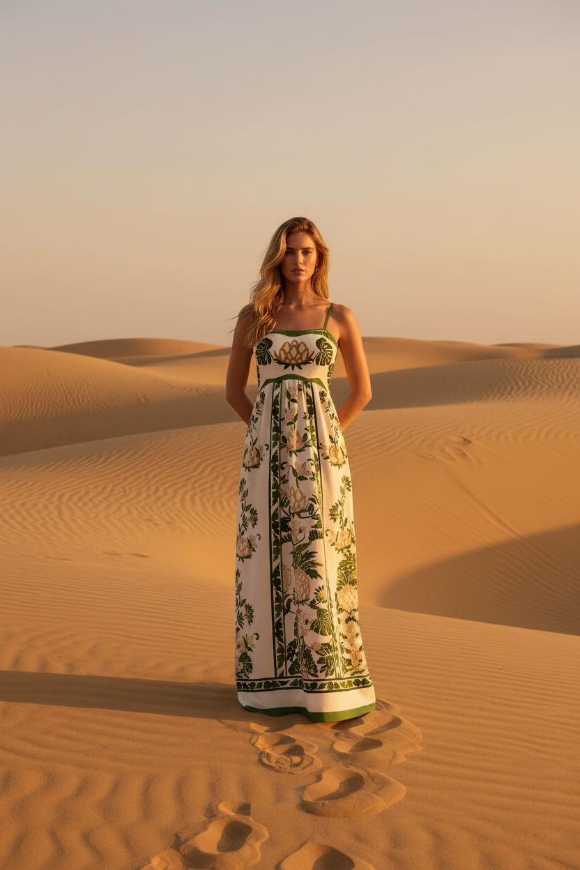 Woman wearing a tropical loral dress with green leaves design 